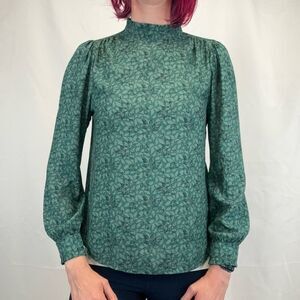 Treasure & Bond Womens High Neck Ruffle Blouse Green Black Floral XS Extra Small